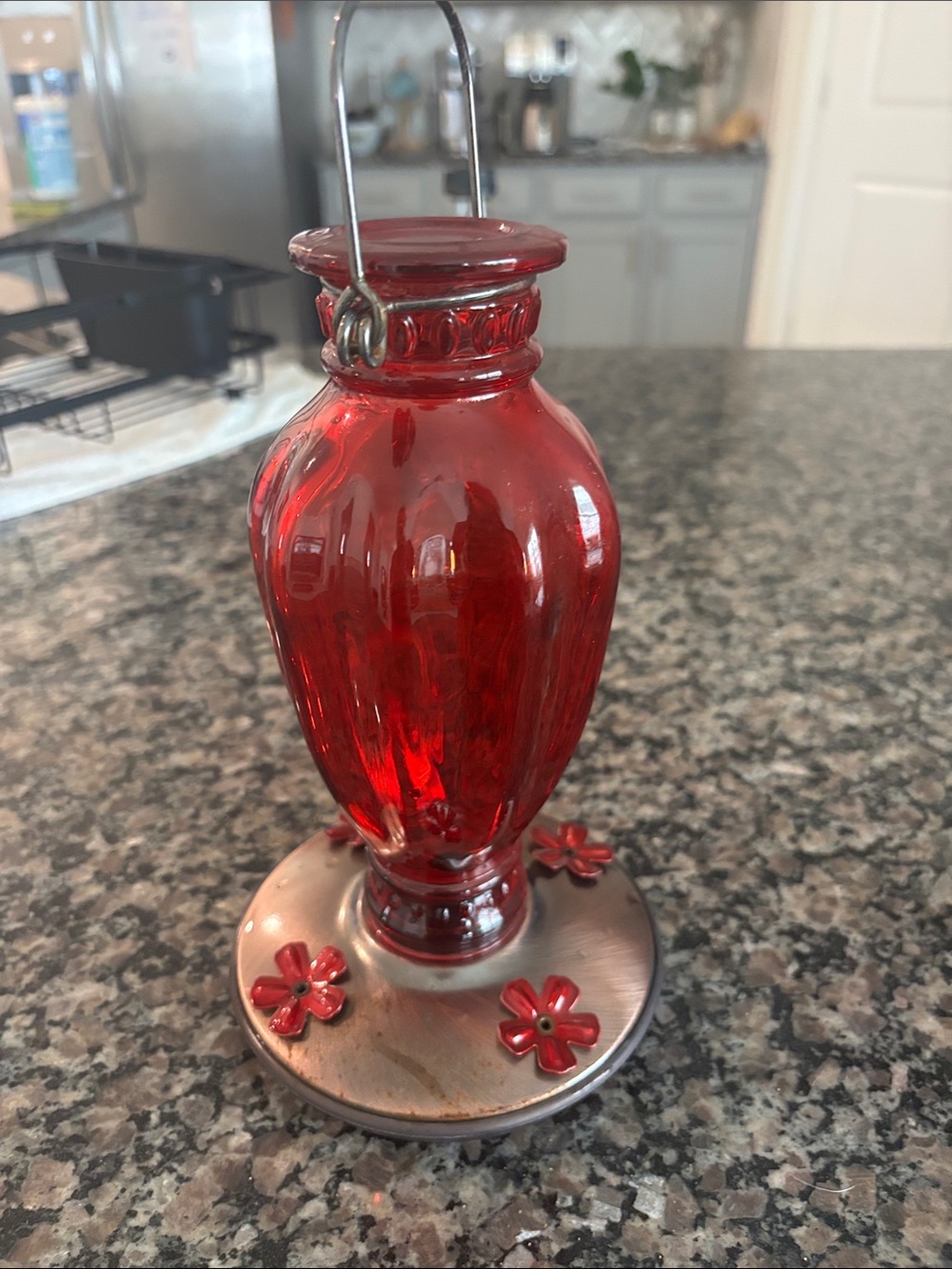 This is a Perky-Pet 8133-2 Daisy Vase Vintage Hummingbird Feeder red glass
